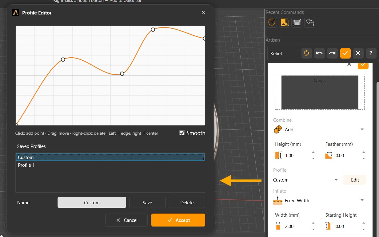 The Profile Editor with a custom curve drawn, its Saved Profiles list, and the Profile operation parameters in the panel behind