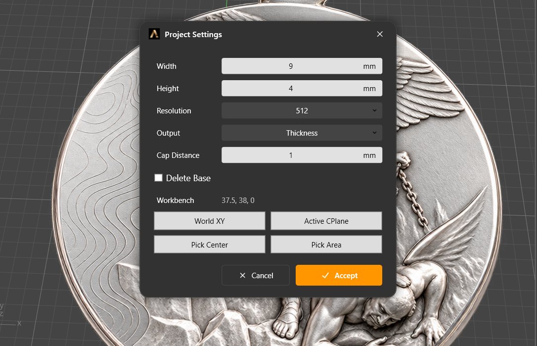The Project Settings dialog over a finished medal: width, height, resolution, output, cap distance, delete base and workbench placement