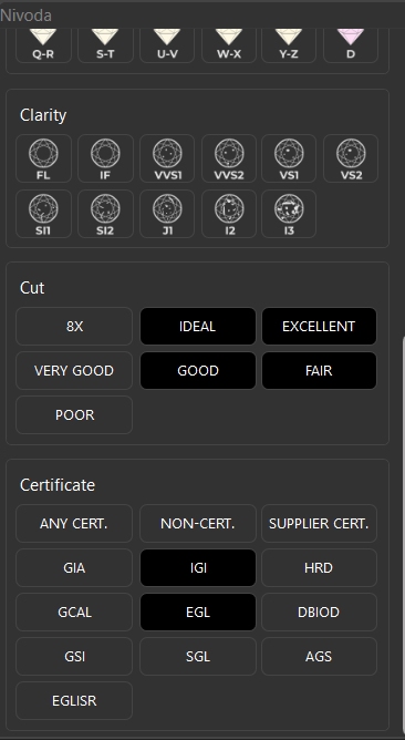 Clarity, Cut and Certificate sections of the panel