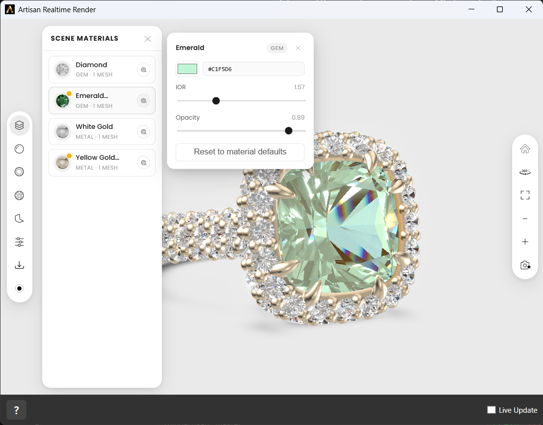 The material editor opened from Scene Materials: color and hex field, IOR and Opacity sliders for an emerald