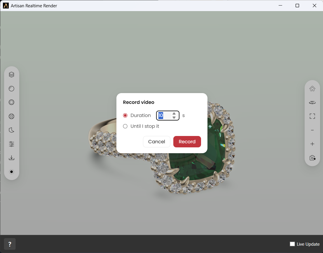 The Record video dialog: a Duration in seconds or Until I stop it